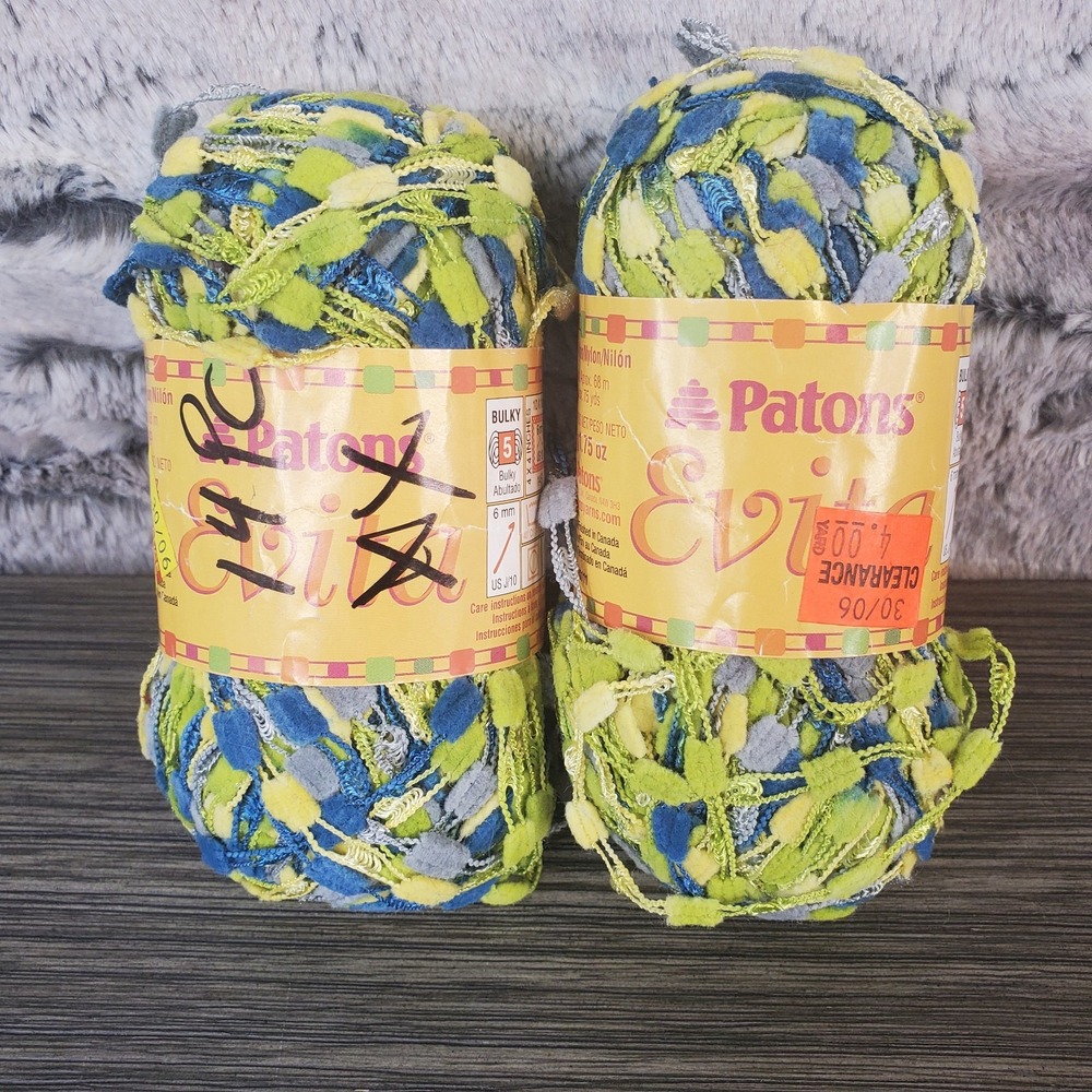 2 Patons Evita Ladder Yarn - Brazil - New Blue Green Gray Yellow Colors